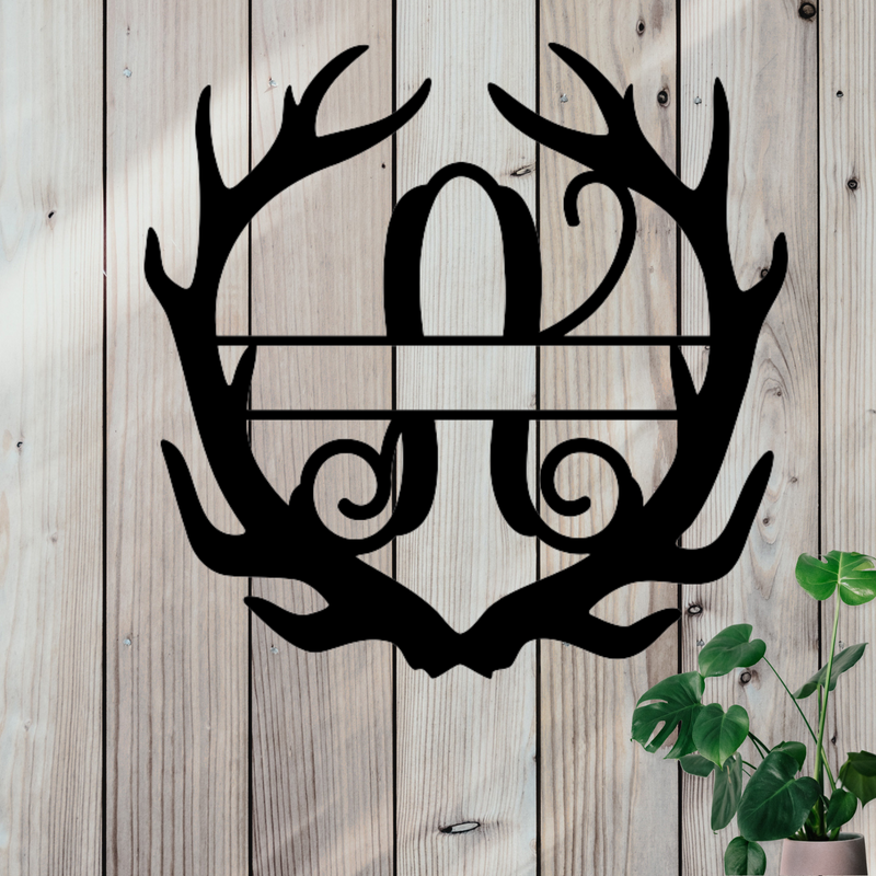 Metal sign in the shape of Antlers with a capital A and a space for a custom name.