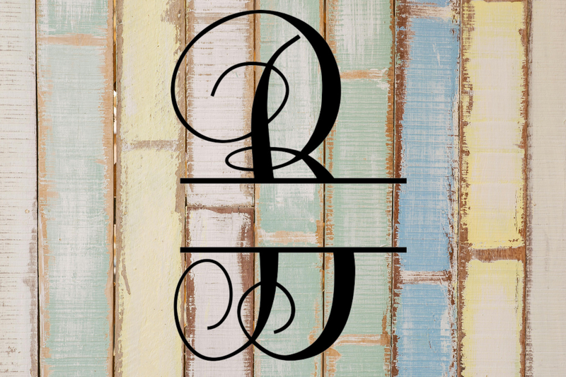 Decorative split letter monogram 'B' on a textured wooden background with pastel colors.