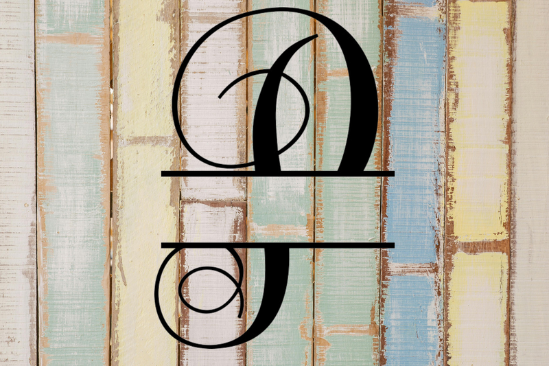 Decorative split letter monogram 'P' on a rustic wooden background with vertical planks.