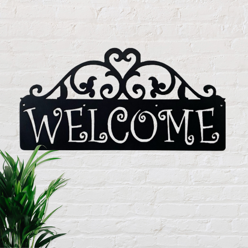 Welcome Metal Sign with Scroll Top Design