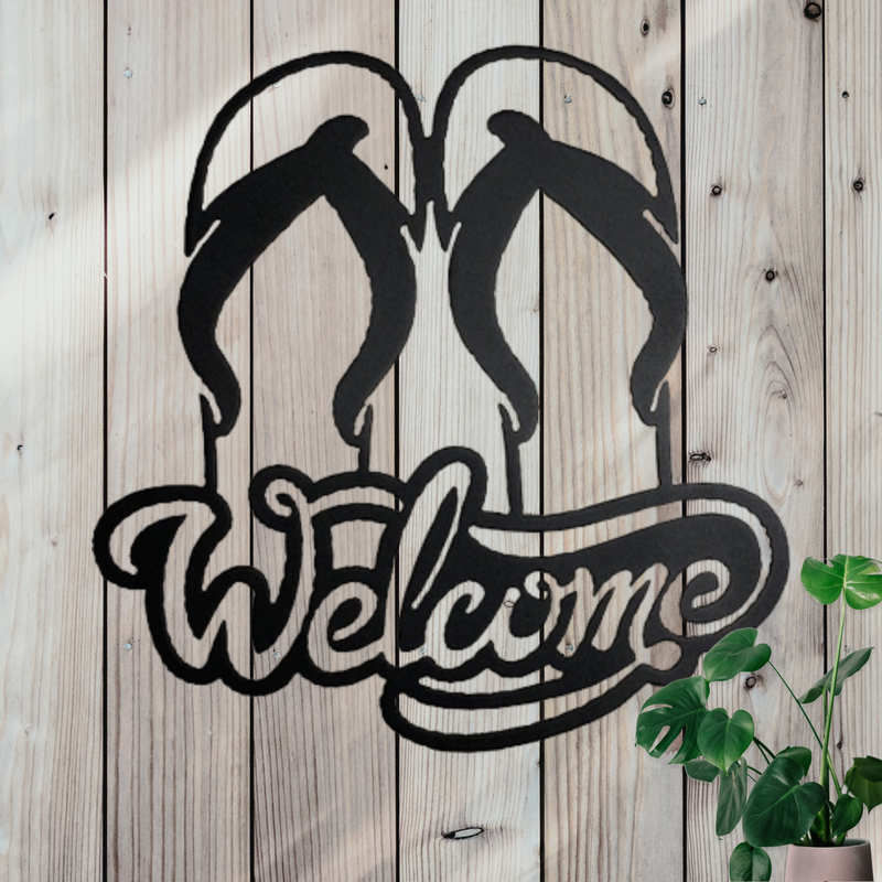 Sign showing a pair of flip flops with the word welcome underneath.