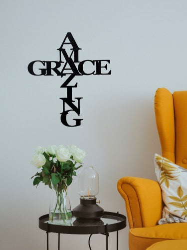 Amazing Grace metal sign hanging in living room