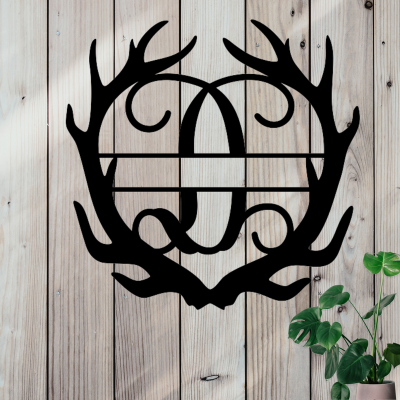 Metal sign in the shape of Antlers with a capital D and a space for a custom name.