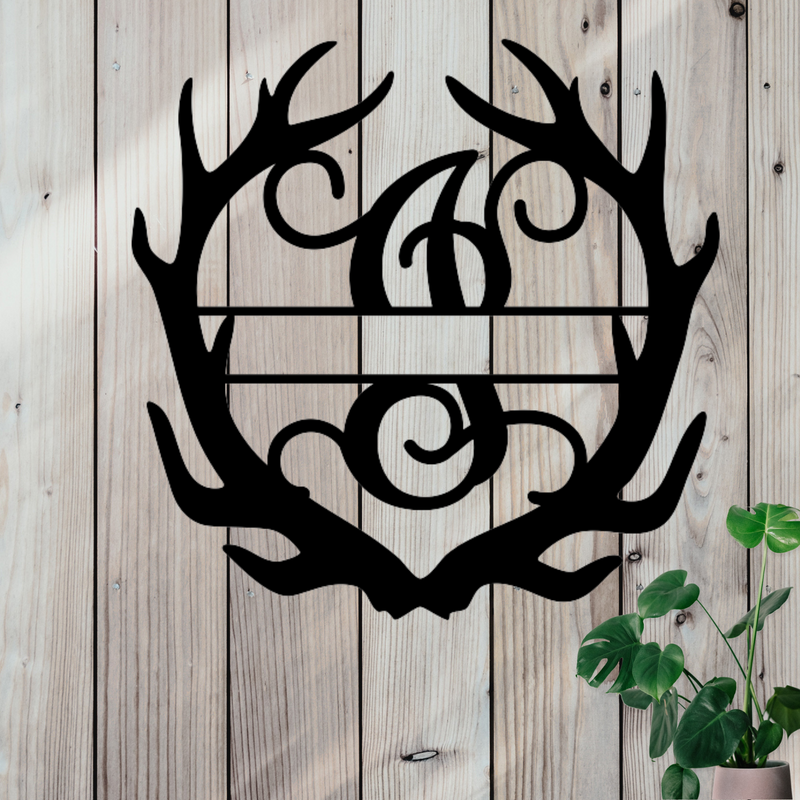 Metal sign in the shape of Antlers with a capital I and a space for a custom name.