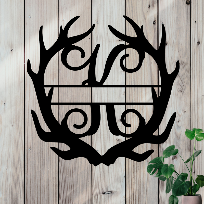 Metal sign in the shape of Antlers with a capital K and a space for a custom name.