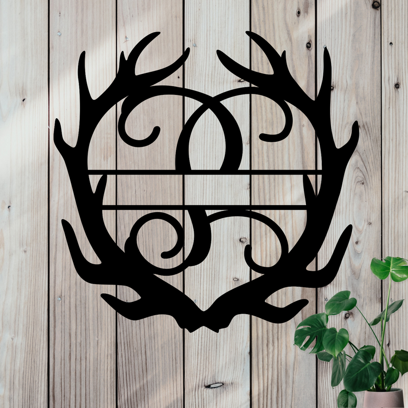 Metal sign in the shape of Antlers with a capital P and a space for a custom name.