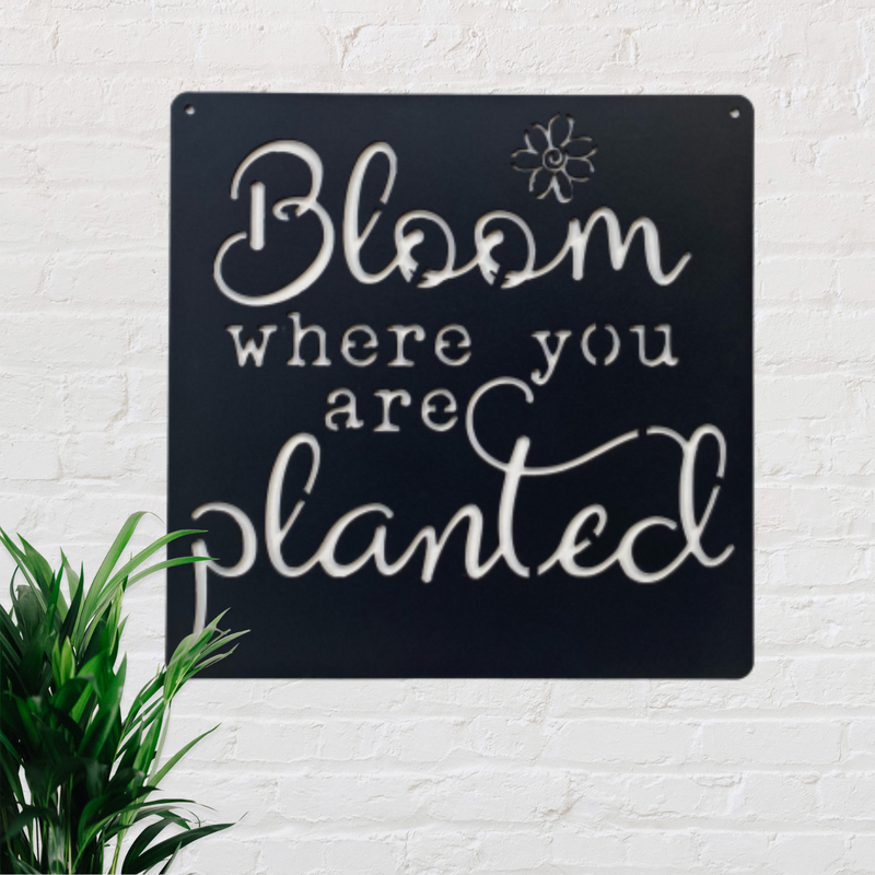 Square black metal sign with the words Bloom where you are planted cut out.