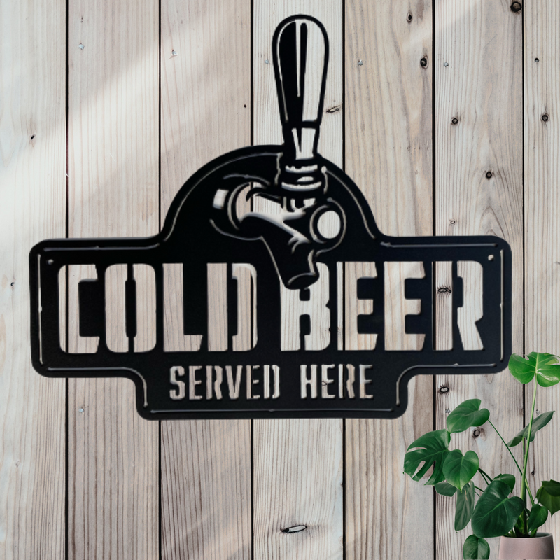 Sign with the words cold beer served here with a beer tap above the words.