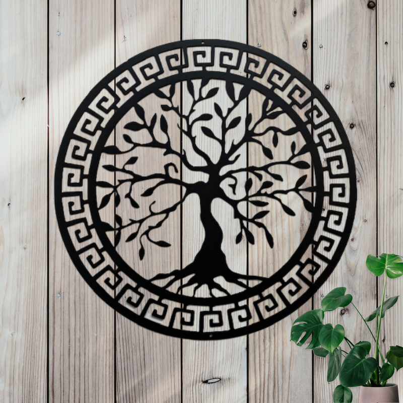 Tree of Life with Geometric Border Metal Sign