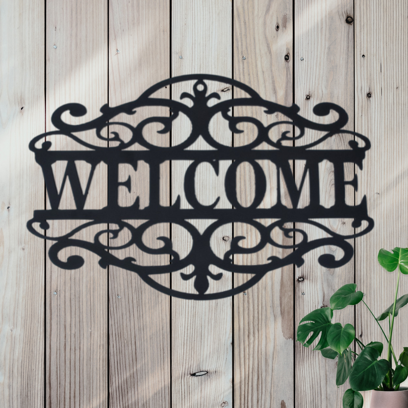 Welcome Metal Sign with Scroll Design